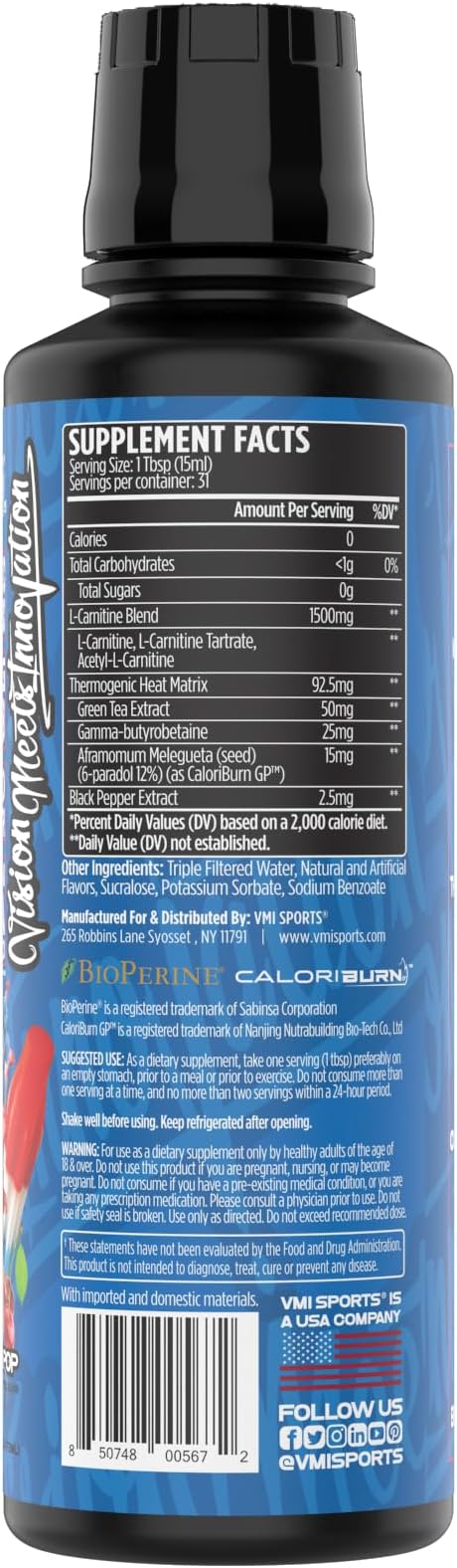 VMI Sports L-Carnitine 1500 Heat Liquid Enhanced Thermogenic | 1500 mg Carnitine | Maximum Absorption Formula | Great Taste for Men &amp Women | 31 Servings (Patriot Pop)