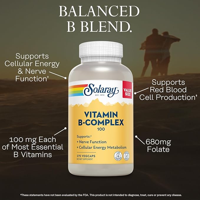 SOLARAY Vitamin B Complex 100mg - Cellular Energy Nerve and Heart Health Support - Supplies All 8 B Complex Vitamins - Vitamin B12 B1 B2 B3 B6 Niacin Folic Acid and Biotin - Vegan 275 Servings