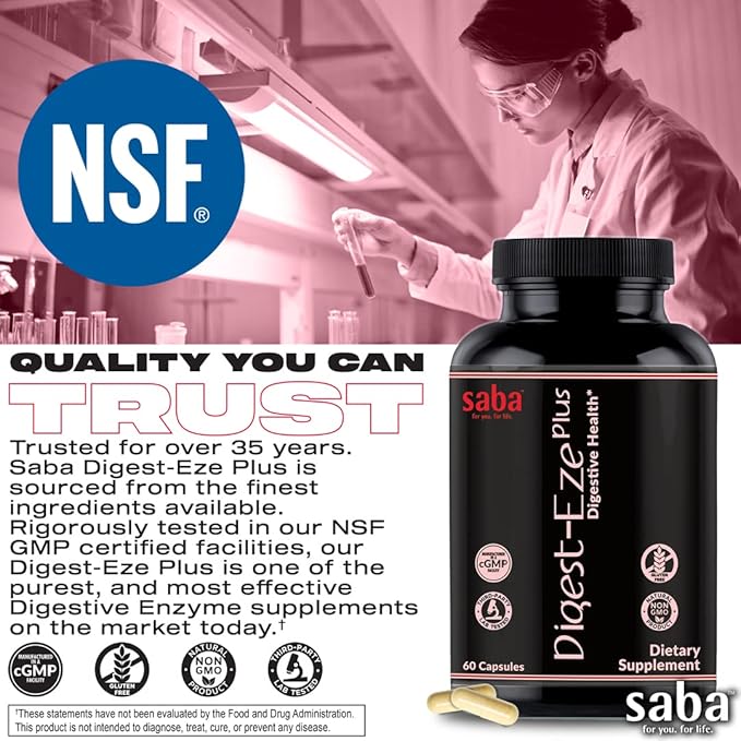 Saba Digestive-EZE Plus–Broad Spectrum Plant-Sourced Enzymes Prebiotics &amp Probiotics -Support Digestive &amp Gut Functions Immunity &amp Absorption with Betaine Bromelain -60 Capsules