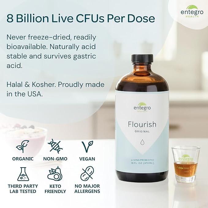 ENTEGRO Flourish Original Liquid Probiotic &amp Postbiotic Supplement - Glass | 11 Live Cultures | Gut &amp Digestive Health for Women Men &amp Kids | Organic Vegan Allergen Free | USA Made | 16