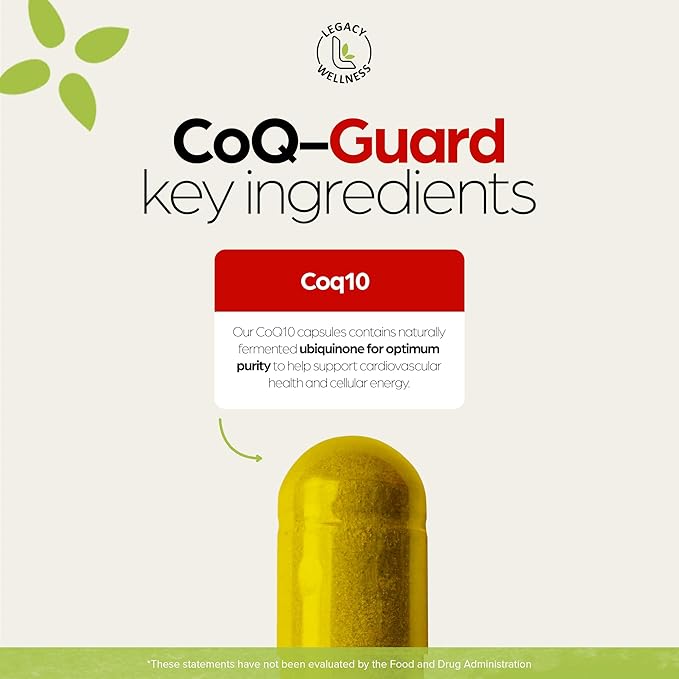 Legacy Wellness CoQ-GUARD CoQ10 200mg - Natural High Potency CoQ10 Supplement for Energy Heart Antioxidant &amp Cellular Support - High Potency Co Q 10 Ubiquinone for Overall Wellness - Non-GMO 30