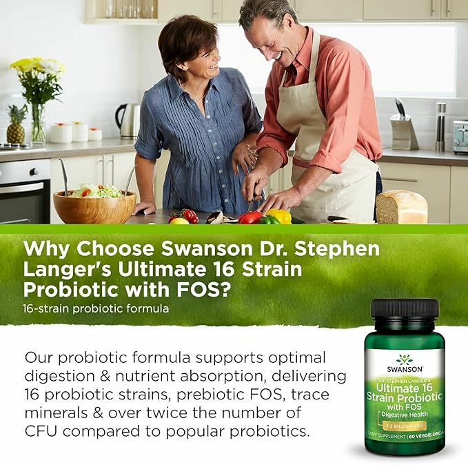 Swanson Dr. Stephen Langer's 16-Strain Probiotic with Prebiotic FOS for Gut-Health-Conscious Adults with 3.2 Billion CFU (60 Vegan Capsules 4 Pack)