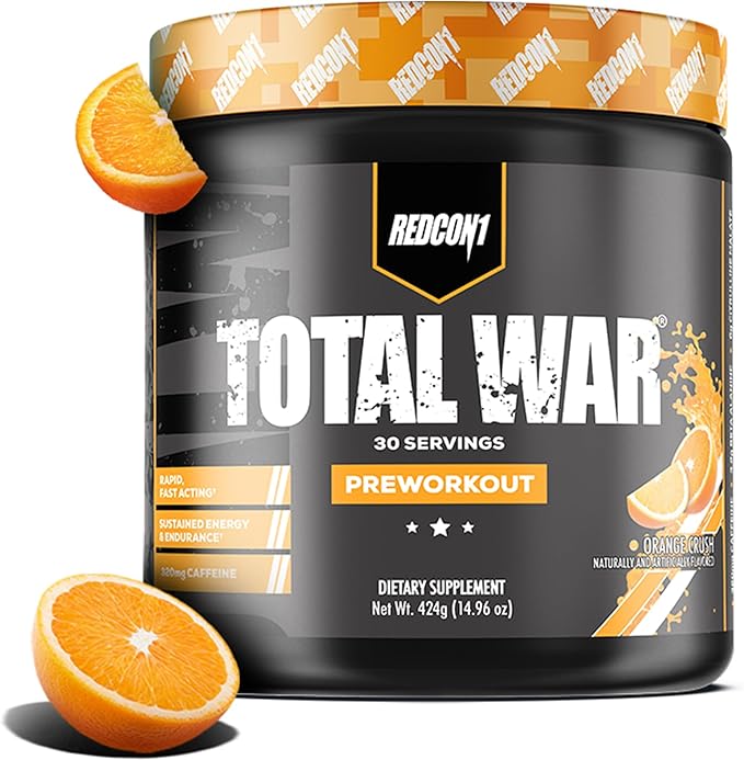 REDCON1 Total War Pre Workout Orange Crush - Contains 320mg of Caffeine from Green Tea Juniper &amp Beta Alanine - Pre Work Out with Amino Acids to Increase Pump Energy + Endurance (30 Servings)