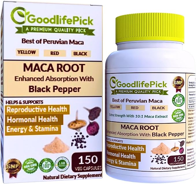 Peruvian Maca Root Capsules 150 ct. Powerful Maca Blend of Yellow Red &amp Black Maca Root with Black Pepper. All Natural NonGMO Vegan No Stearate No Rice Powder No Silica No Filler