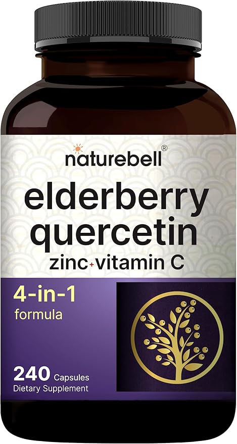 NatureBell Elderberry Quercetin 4-in-1 with Vitamin C &amp Zinc 240 Capsules | Traditional Herbal Supplement | 500mg Sambucus Nigra 500mg Quercetin 250mg Vitamin C 50mg Zinc Picolinate per Servin
