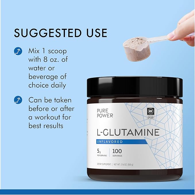 Pure Power L-Glutamine Unflavored 17.6 oz (500 g) 100 Servings (1 Jar) 5 g Per Serving Non-GMO NSF Certified for Sport Dr. Mercola