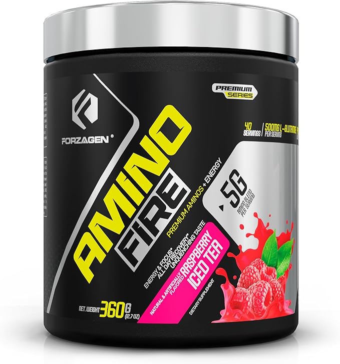 Forzagen Amino Fire | Essential Amino Energy Powder for Pre-Workout | BCAA Energy Boost &amp Muscle Recovery Drink Mix Enhance Focus &amp Concentration Dietary Supplement | Raspberry Ice Tea 40 S