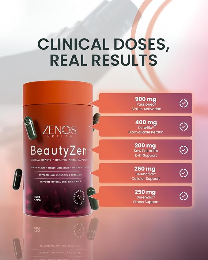 Zenos Health BeautyZen - Beauty Supplement for Hair Growth with DHT Blocker Biotin Collagen Keratin &amp Antioxidants Supplement Androgen Blocker Anti Aging Keratin Complex - Made in USA 120 Cap