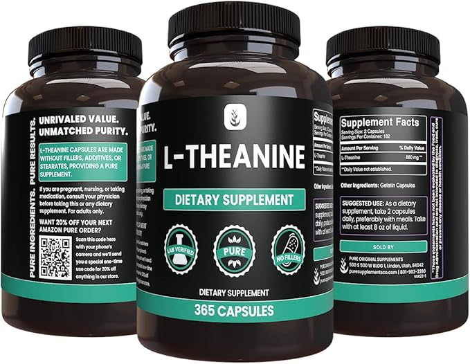 PURE ORIGINAL INGREDIENTS L-Theanine (365 Capsules) Amino Acid No Magnesium or Rice Filler Lab Verified