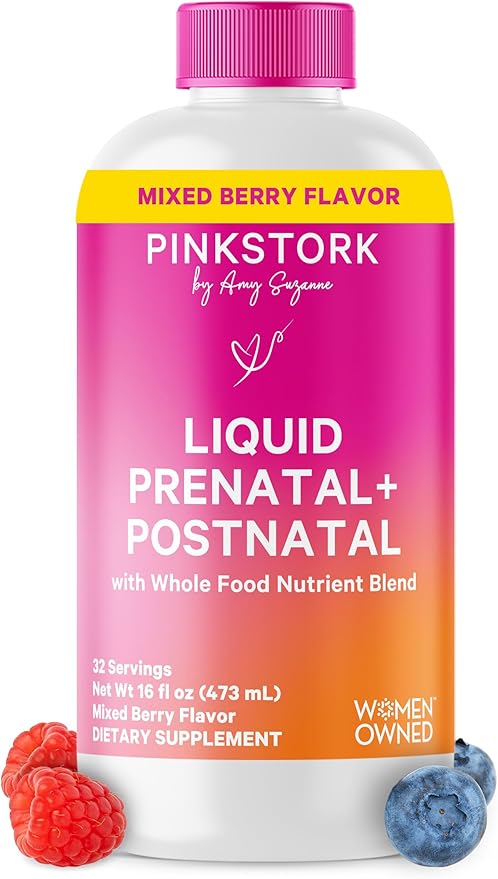 Pink Stork Liquid Prenatal Vitamins for Women - Berry Flavor Organic Food Blend - Fertility Pregnancy Postpartum Essentials - Morning Sickness Support - Breastfeeding &amp Lactation - 32 Servings