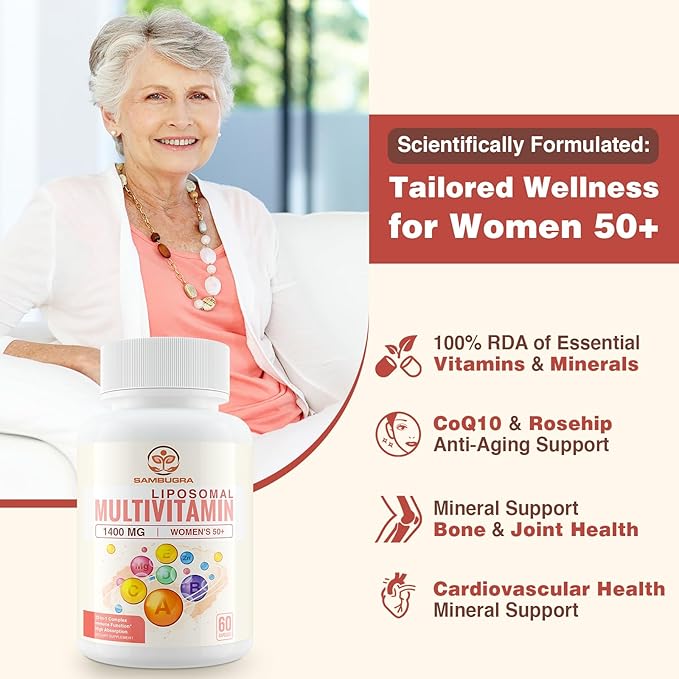 Sambugra Liposomal Multivitamin for Women 50+ - Women Daily Multivitamin with 32 Ingredients CoQ10 Vitamins C B D E for Cardiovascular &amp Bone Health Support - Iron-Free (60 Capsules)