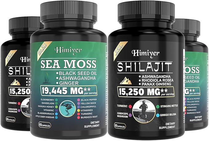Himiyer 2pcs Ultimate Wellness Bundle - Boost Energy Immunity &amp Brain Function with 7000mg Sea Moss 4000mg Black Seed Oil 2000mg Ashwagandha 9000mg Ginger &amp Shilajit Vegan-Friendly Suppl