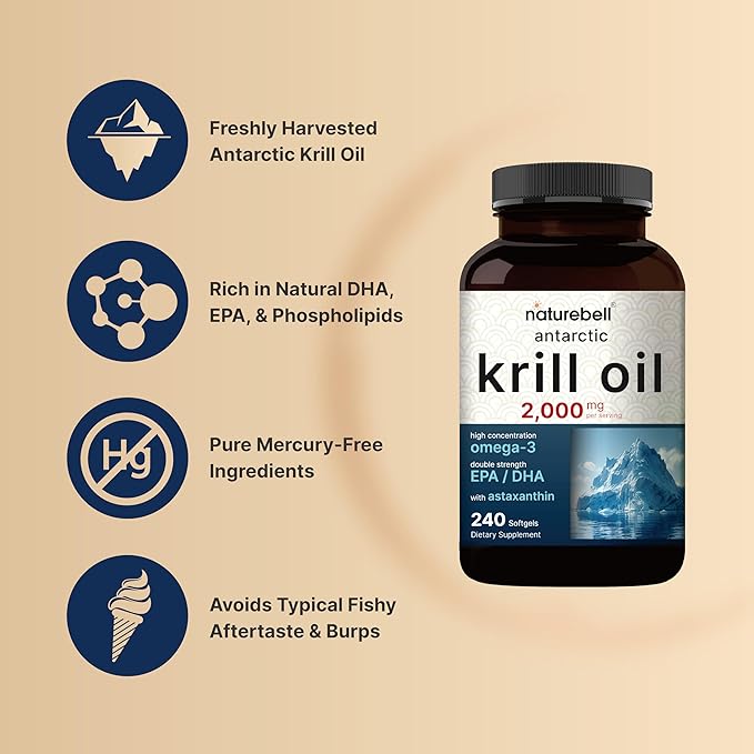 NatureBell Antarctic Krill Oil 2000mg Supplement 240 Softgels 3X Strength Natural Source of Omega-3s EPA 240mg + DHA 160mg + Astaxanthin 800mcg – No Fishy Aftertaste – Mercury Free &amp Non-GMO