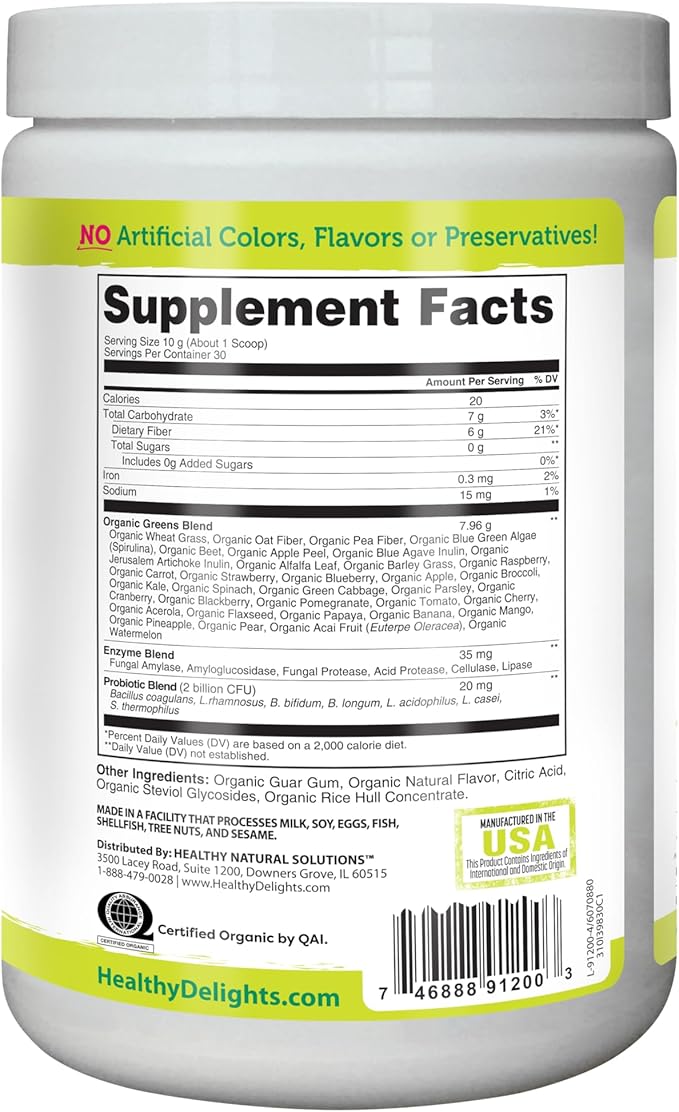 Healthy Delights Naturals - Organic Greens + Probiotics Powder - Naturally Boost Energy - USDA Organic - Delicious Berry Flavored - 30 Servings