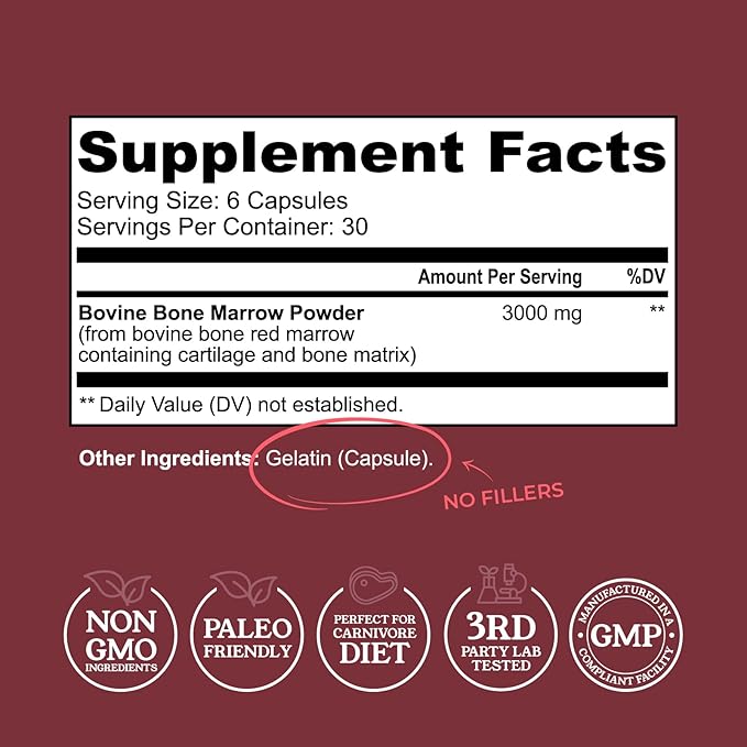 Bovine Bone Marrow Supplement - 100% Grass Fed and Pasture Raised in New Zealand- Freeze Dried 3rd Party Lab Tested Non GMO No Fillers – Supports Collagen Joint Bone &amp Immune Health- 180 Caps