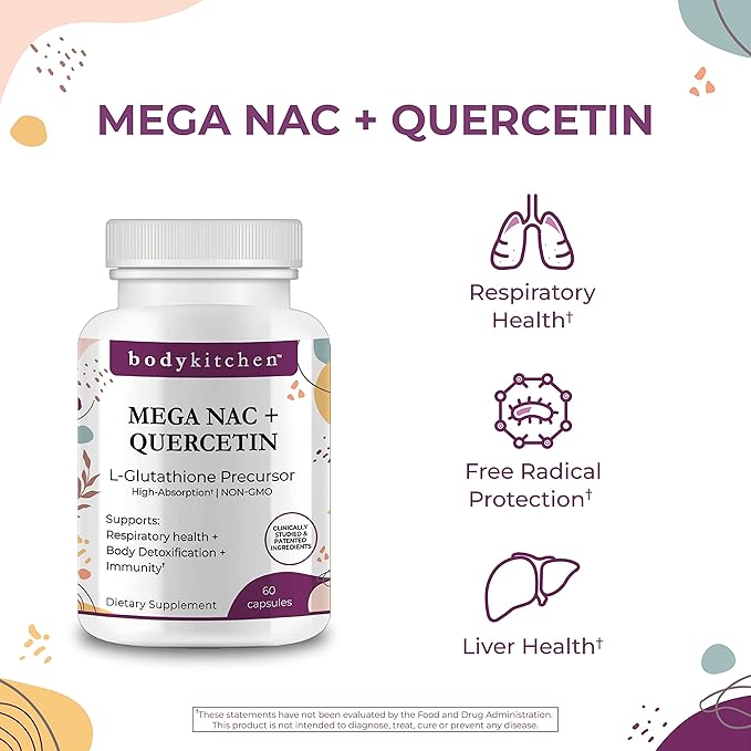 Body Kitchen Mega NAC (N-Acetyl Cysteine) 600 mg with Quercetin Supports Respiratory Health and Immune Function and Promotes Liver and Kidney Detox Veggie Caps (Pack of 3)