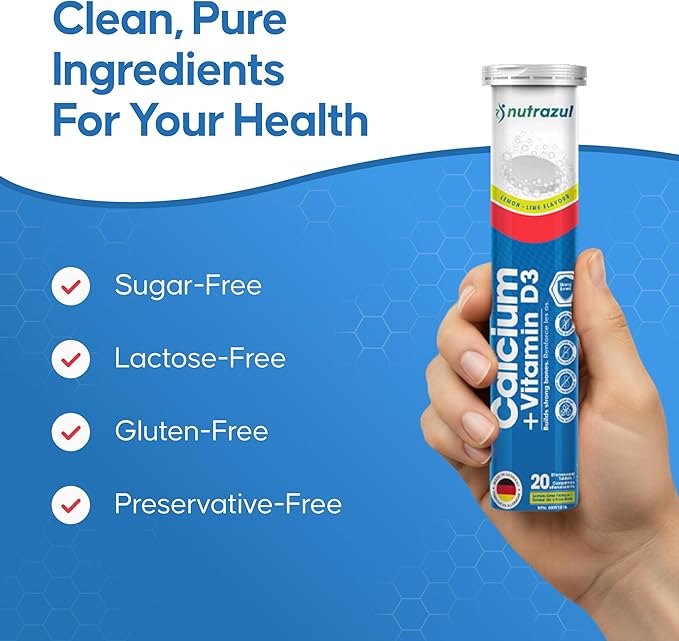 Nutrazul Calcium + Vitamin D3 Effervescent Tablets for Bone Health Maintenance 500 mg Calcium and 2.5 mcg Vitamin D3 Suitable Supplements for Women &amp Men Lemon-Lime Flavor 60 Tablets