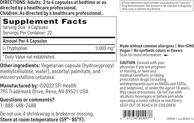 Klaire Labs SFI Health L-Tryptophan - 2000 Milligrams Amino Acid Precursor to Serotonin &amp Melatonin Mood &amp Sleep Support (90 Capsules)