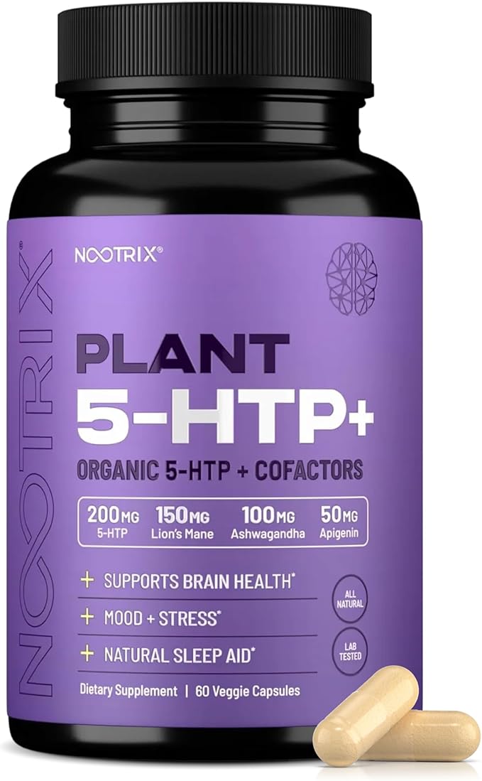 Nootrix Organic Plant 5 HTP+ Supplement | Supports Memory Mental Focus Cognitive Health &amp Energy | Promotes Healthy Mood &amp Brain Function | Vitamin B6 &amp L Theanine |60 Capsules