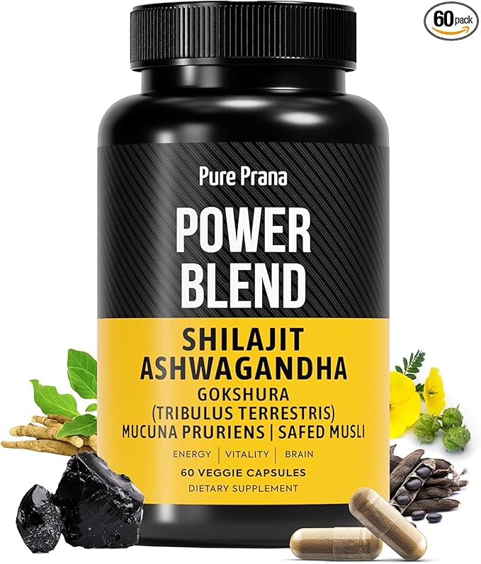 Pure Prana Shilajit Ashwagandha Capsules with Safed Musli &amp Gokshura for Men &amp Women – Herbal Energy Vitality Supplement with Tribulus &amp Mucuna – 60 Capsules (2.47 oz)