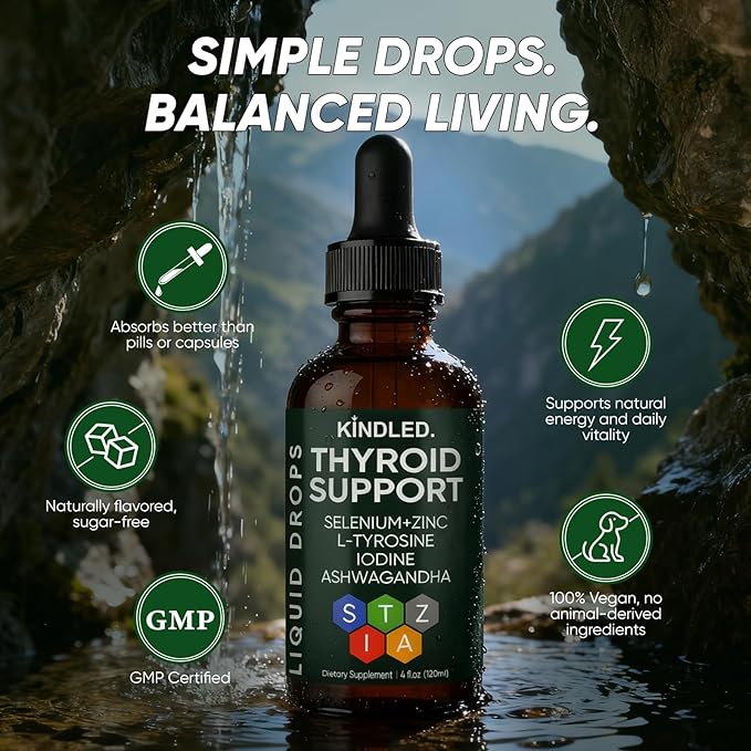 Kindled Thyroid Support Drops | Liquid Drops with Selenium Zinc &amp L-Tyrosine Iodine Ashwagandha | kindled Thyroid Support Daily Support – 4 fl.oz (120mL)