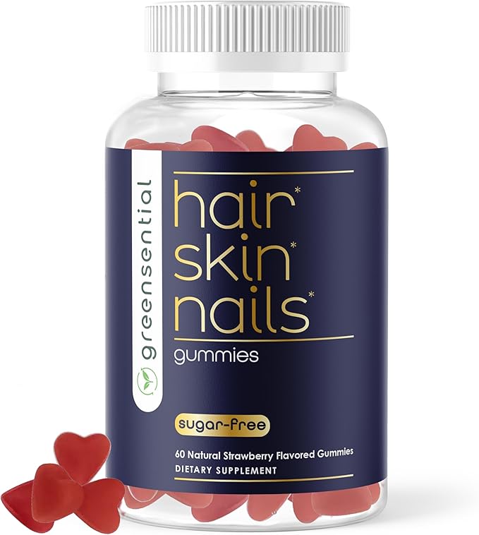 Sugar-Free Hair Skin &amp Nails Gummies - Complete Vitamin Complex w/Natural Ingredients - Fuller Hair Support - No Artificial Colors Natural Strawberry Flavor Made in USA 60 Ct