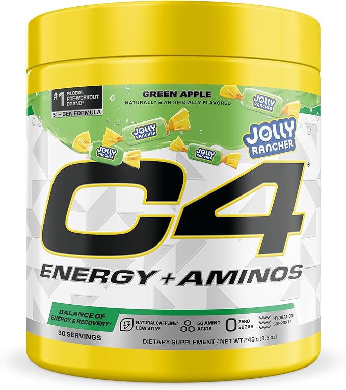 C4 Energy + Aminos Powder Jolly Rancher Green Apple 5g BCAAs &amp EAAs for Muscle Recovery 3 Electrolytes for Hydration 100mg Natural Caffeine Pre Workout Zero Sugar 30 Servings