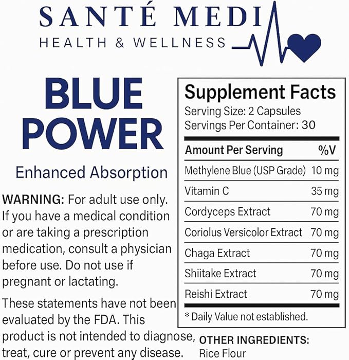 Blue Power - Methylene Blue (USP Grade) Pharma Grade - 120 Capsules (2 Pack) with Added Vitamin C Ester for Enhanced Absorption - Brain Supplement for Memory Focus Clarity