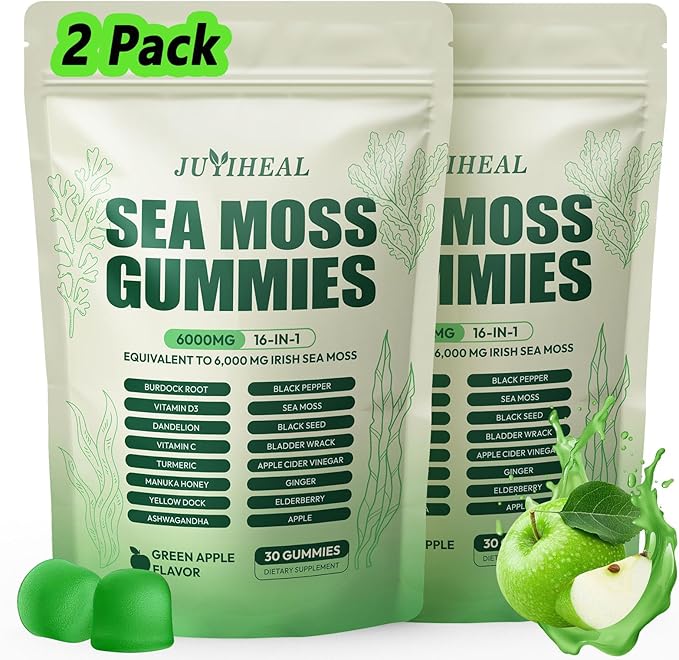 16 in 1 Sea Moss Gummies with Ashwagandha Black Seed Oil Bladder Wrack Turmeric Vitamin C &amp D3 with Manuka Burdock Root Irish Sea Moss Gummies for Women &amp Men Vegan Green Apple 2 Pack