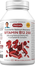 ANDREW LESSMAN Vitamin B12 250 180 Capsules - Absorption-Protected Methylcobalamin (Natural Coenzyme Vitamin B12) Essential for Energy and Stress Support Plus B-Complex Easy to Swallow Capsules