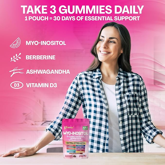 Myo-Inositol &amp D-Chiro Inositol Gummies with Berberine Vitamins D3+K2 B12 Folate Zinc Magnesium Ashwagandha Chasteberry Bioperine DIM - 16 in 1 Supplement - Mixed Berry Flavor - 90 Gummie