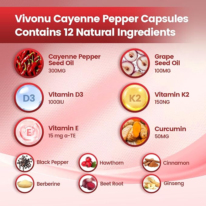 Cayenne Pepper Softgels Supplement with Vitamin E D3+K2 and Extracts of Turmeric Grape Seed Hawthorn Beetroot Berberine and Others Supports Leg Vein Heart and Blood Vessel Health (4 Pack)
