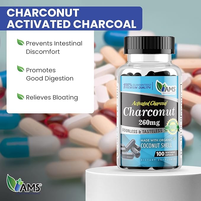 America Medic &amp Science Charconut 260mg (200 Capsules) | Activated Charcoal Supplement for Men &amp Women | Made with Coconut Husk | Promotes Better Stomach and Digestive Health | Gas &amp Bloat