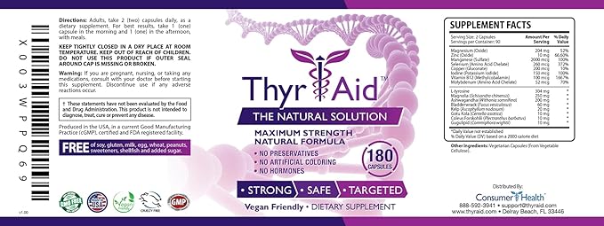 ThyrAid - Thyroid Supplement - Iodine Kelp Ashwagandha - Vegan - 1 Bottle (3 Month Supply 180 Capsules)