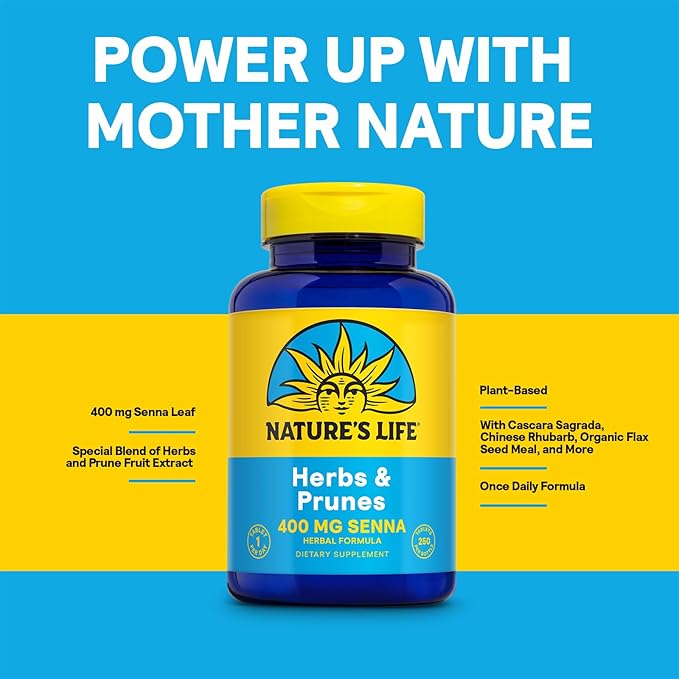 Nature's Life Herbs &amp Prunes - Herbal Supplements w/ 400mg Senna Leaves - Daily Wellness Support w/Prune Cascara Sagrada Organic Flax Seed Meal - Vegan Lab Verified 60-Day Guarantee 250 Servi