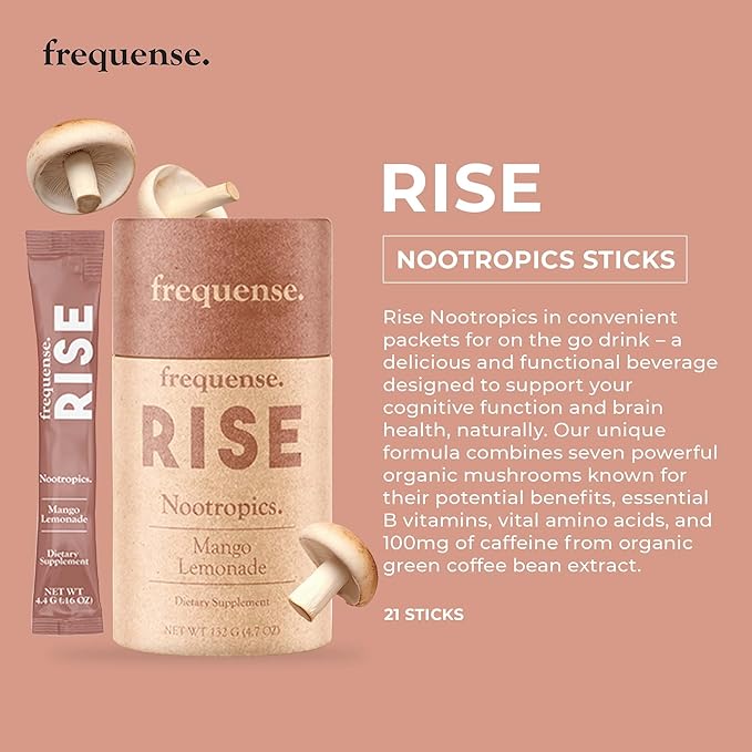 Frequense - Rise Nootropic Sticks - Mango Lemonade Flavor - Supports Brain Performance &amp Clarity - With Mushrooms B Vitamins &amp Green Coffee - 132g