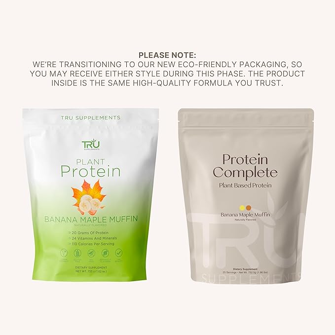 TRU Supplements Plant Based Protein Powder BCAA EAA 20g Vegan Brown Rice &amp Pea Protein 100 Calories 27 Vitamins No Artificial Flavors 25 Servings (Banana Maple Muffin)