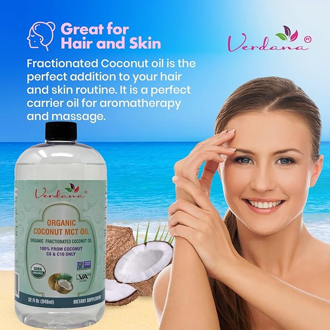 Verdana Organic MCT Oil 32 oz – Food Grade USDA Organic for Keto Coffee Unflavored Natural Oil Pulling Mouthwash &amp Massage - Coconut Derived Fractionated – Medium Chain C8 C10 – Non-GMO Kosher