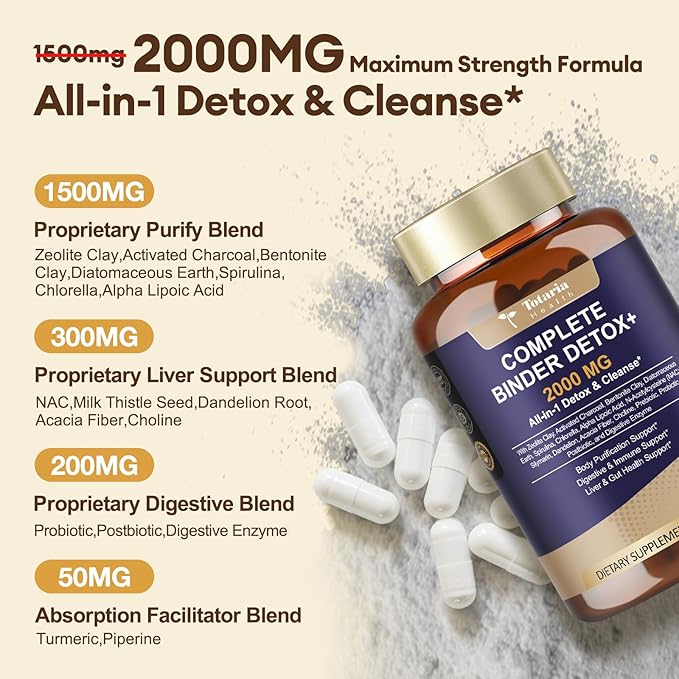 Totaria 2000MG All-in-1 Detox Binder Activated Charcoal Zeolite Bentonite Clay Alpha Lipoic Acid 7-Layer Detox &amp Cleanse Supplement Liver &amp Gut Support 120 Counts