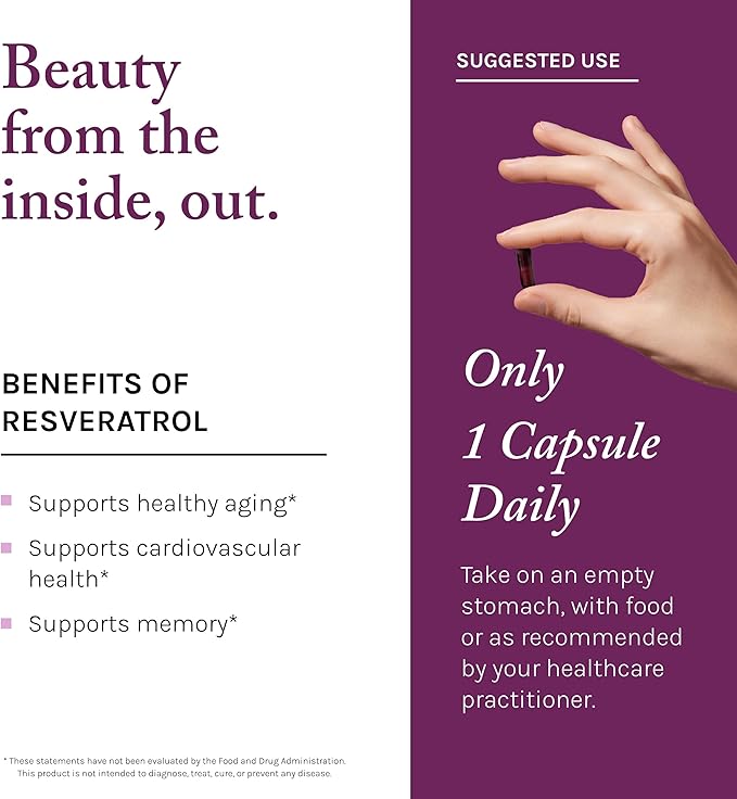 Reserveage Beauty Resveratrol Plus+ 1000 mg - Rapid-Release Resveratrol Capsules with Quercetin for Immune System Brain Health &amp Cellular Health - Gluten-Free &amp Vegan - 30 Veggie Capsules