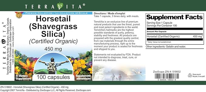 Horsetail (Shavegrass Silica) (Certified Organic) - 450 mg (100 Capsules ZIN: 518602) - 3 Pack