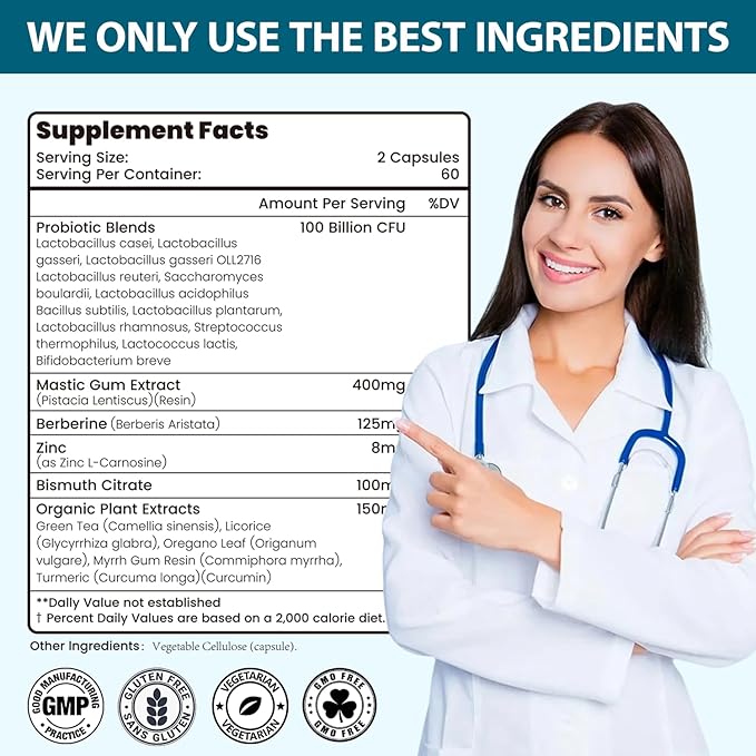 H. Pylori Capsules with 100 Billion CFU Mastic Gum Berberine Lactobacillus Reuteri Zinc Carnosine &amp Green Tea | for Stomach Comfort Gastritis Digestion Gut Microbiome &amp Gut Health | 120