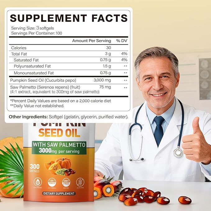 Pumpkin Seed Oil Capsules - Cold Pressed Pure Virgin Oil Essential Fatty Acids and Plant Sterols | 300 Capsules | Supports Hair Urinary Bladder and Prostate Health | Non-GMO