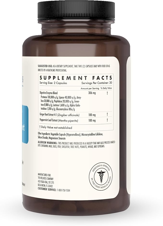 The Wellness Company Digestive Comfort - Bloat &amp Gas Relief Anti-Heart Burn IBS Fast Acting Gut Health - 5 Enzymes Peppermint &amp Ginger Root | 60ct (1 Month Supply)
