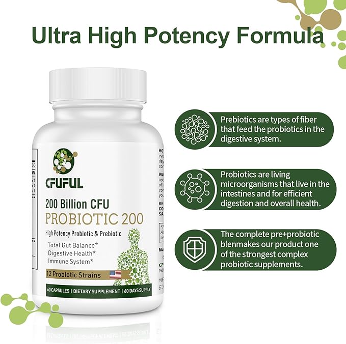 Probiotics for Women &amp Men - 200 Billion CFU 12 Strains Probiotics for Digestive Health Gut &amp Immune Health Energy with Organic prebiotics and probiotics Shelf Stable for Bloating 180 Capsul