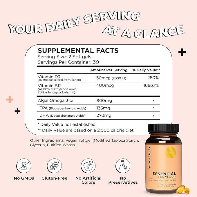 Future Kind 3 in 1 Daily Multivitamin - for Energy Clarity Active Wellness Support with B12 D3 and Algal Omega-3 - Essential Vegan Multivitamin for Women &amp Men - Tiny Citrus Softgels (60 Count