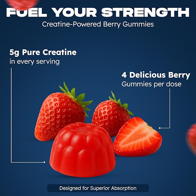 Creatine Monohydrate Gummies 5000mg – 5g per Serving – Sugar Free Vegan Creatine Supplement for Men &amp Women – Muscle Growth Strength Recovery &amp Energy – 120 Count (Strawberry)
