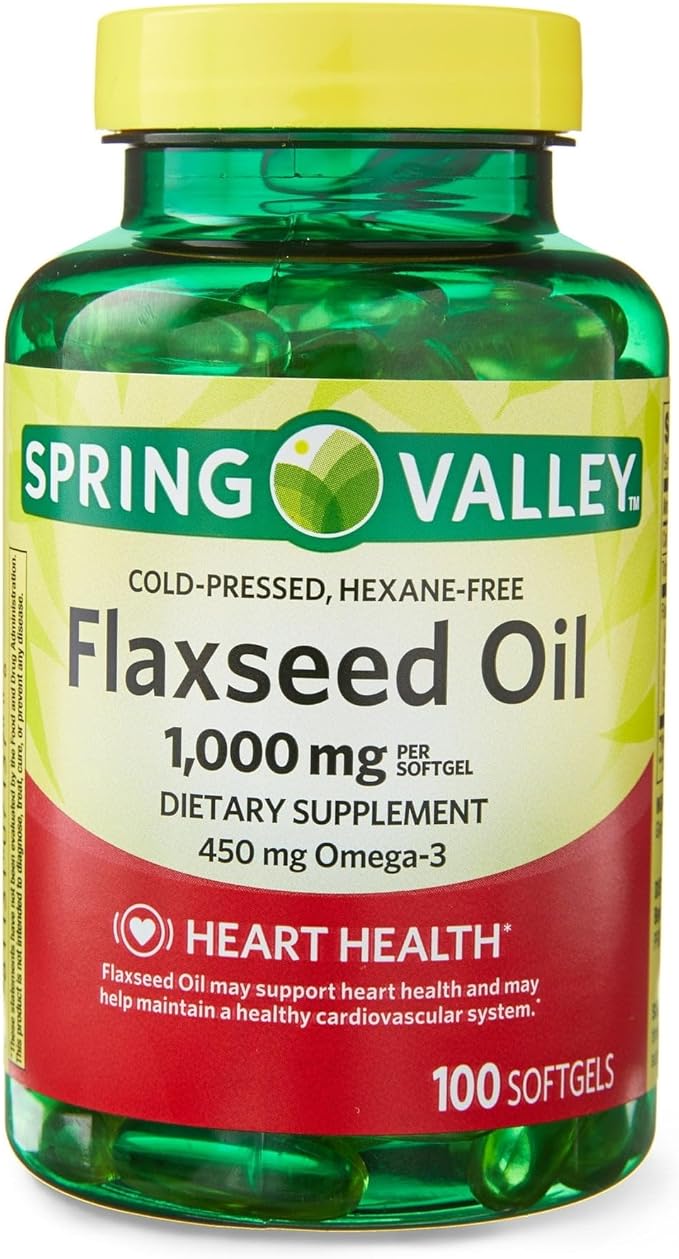 Flaxseed Oil Softgels - Vegan Omega 36 and 9 Dietary Supplement - Flaxseed 1000mg Softgels per Serving - Flax Seed Oil Pills by Spring Valley 100 Count (Pack of 1) - Set by Basket Goods