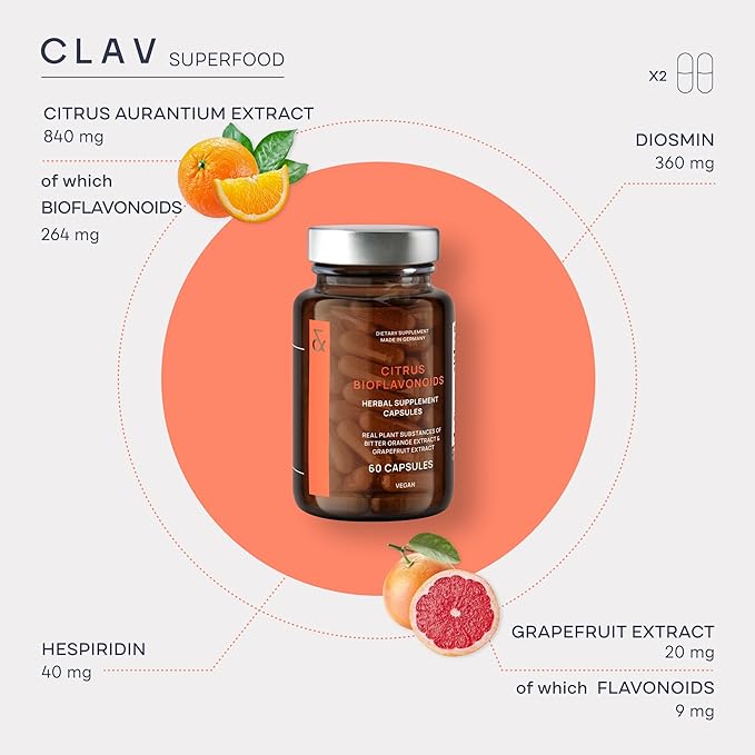 CLAV Citrus Bioflavonoids - Vegan Flavonoids Supplements Made from Bitter Orange and Grapefruit Extract - Antioxidant &amp Immune Support - 60 Capsules - Made in Germany