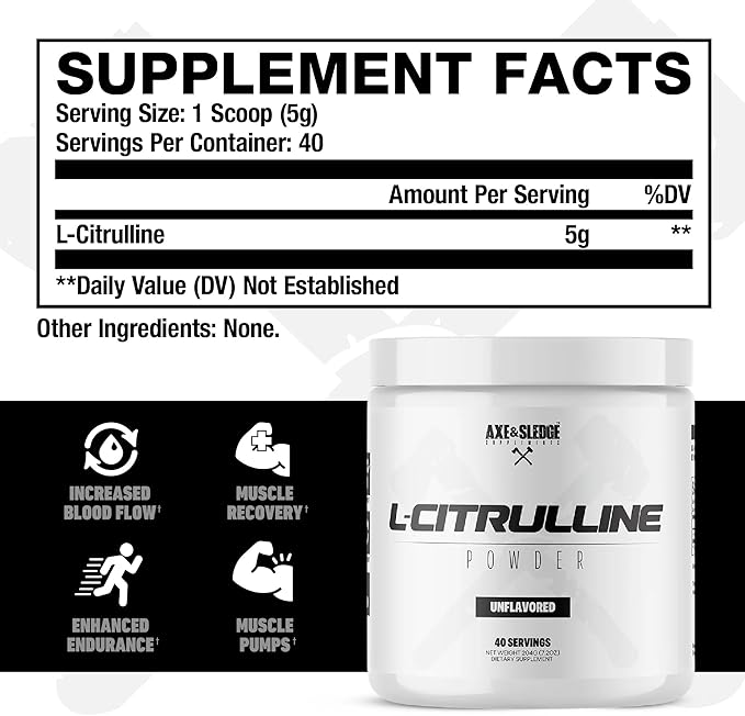 Axe &amp Sledge Basics Citrulline | 5g Pure Citrulline Unflavored 40 Servings | Boost Nitric Oxide Production | L-Citrulline Supplements for Men &amp Women - Stamina Performance &amp Endurance f